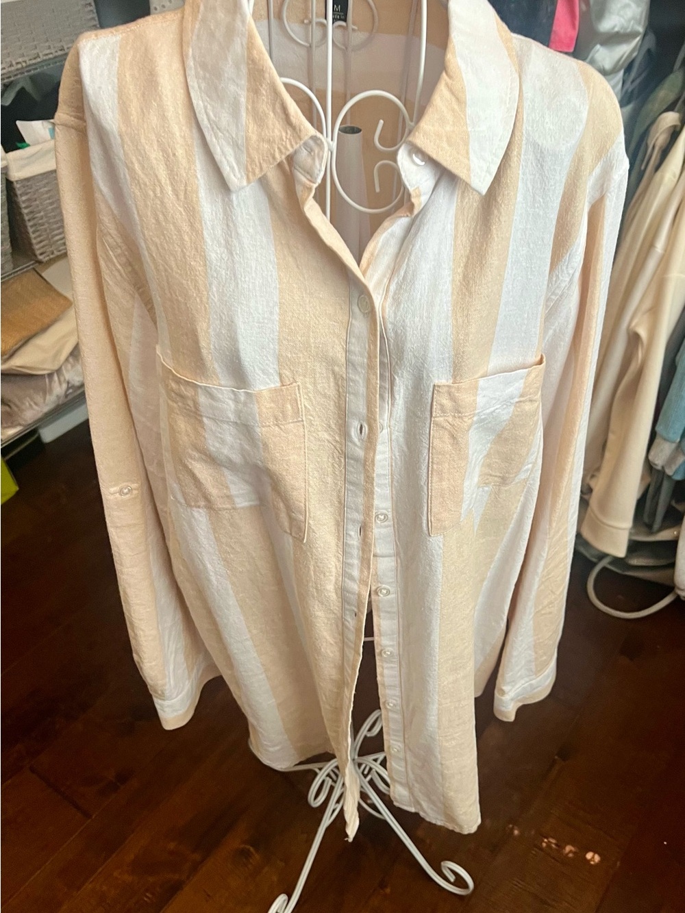 Versona Beige and White Striped Button-Up Shirt